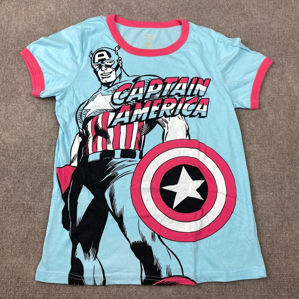 Marvel T Shirt Womens Medium Blue Captain America Graphic Print Cotton Summer